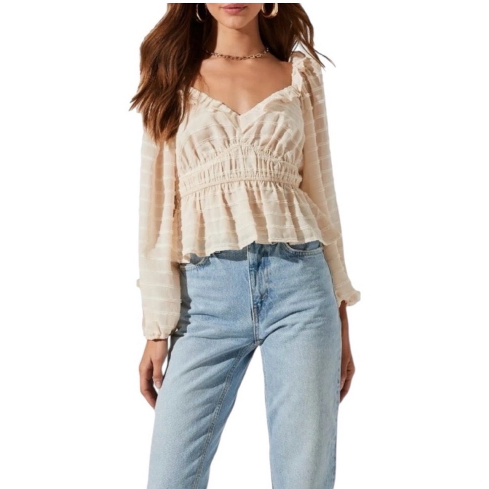 Astr Cream Striped Ruffle Blouse